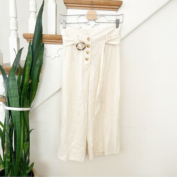 June & Hudson Ivory Belted Wide Leg Linen Blend Crop Pants Size Medium - Picture 2 of 6